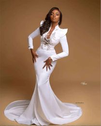 Pure White Mermaid Evening Dresses Long Sleeves Plus Size Lace Beaded With Train Women Aso Ebi Prom Party Gowns 0431