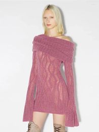 Casual Dresses Chic Solid Colour Slash Neck High-waist Knitting Short Skirts Women 2024 Autumn Winter Slim Flare Sleeve Dress Female