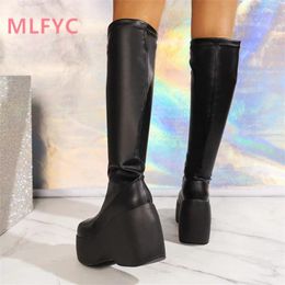 Boots Autumn And Winter European American Fashion Thick Sole Slope Heel Mid Tube High Thin Elastic