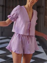 Women 2 Piece Short Sets Plaid Print Tie Front Short Sleeves T-Shirt and Elastic Shorts Summer Outfits Streetwear Vintage Pjs 240423