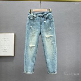Women's Jeans Ripped Denim Harem Pants 2024 Spring And Summer High Waist Drilling Ankle-Length Street Blue