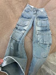 Women's Jeans American Retro Multi Pocket Cargo High Waist Wide Leg Straight Denim Pants Large Size Casual Trousers Streetwear