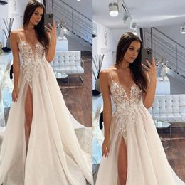 Bride Spaghetti Vintage For Line A Dresses Appliques Wedding Dress Sweep Train Thigh Slit Long Designer Bridal Gowns ppliques