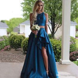 Cheap Two Pieces Country Teal Prom Jewel Neck High Split Side Satin Dresses Evening Wear Formal Dress Special Ocn Gowns 0430