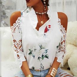 Women's Blouses Shirts Summer womens strapless top casual sexy hollow flower printed womens shirt elegant V-neck short Sve lace shirt blue 19361 Y240426
