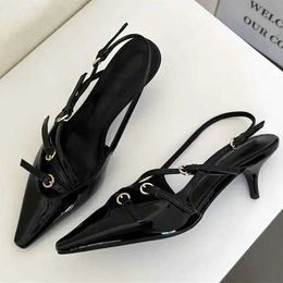 Dress Shoes Fashion Metal Buckle Design Pumps for Women Narrow Strap Sandals Sexy Pointed Toe Thin Low Heels Wedding Banquet Mule Shoe H240430