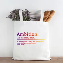 Shopping Bags Ambition Definition Canvas Tote Bag Inspirational Quotes Prints Reusable Motivational Letter L