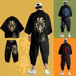 Ethnic Clothing Japanese Traditional Buddhism Print Kimono Pants Men Retro Yukata Asian Fashion Tang Suit Harajuku Hanfu Jacket