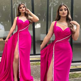 Dresses Straps Beaded Pink Rosy Elegant Prom Satin Evening Dress Pleats Backless Split Formal Long Special Ocn Party Dress