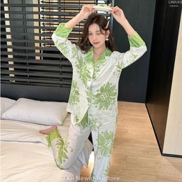 Women's Sleepwear Green Flower LoosePajamas Suit Spring Autumn Lapel Home Clothes Printed Comfortable Korean Style Ins Set