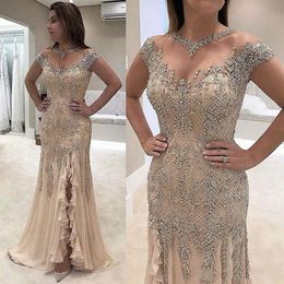 Mermaid Neck Prom Sheer 2021 Dresses Beadings Sequined High Split Gowns Formal Mother Of The Bride Dress Evening Wear