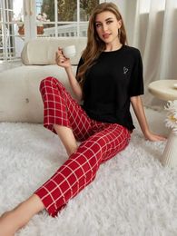 Women's Sleepwear Heart Print Women Pyjama Sets Short Slves Top Full-Length Plaid Pants Female 2 Pieces Slpwear Atumn Spring Fall Homwear Y240426