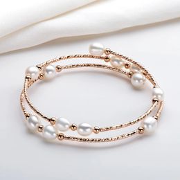 Lnngy 14K Gold Filled Bilayer Bracelet 4-5mm Natural Freshwater Pearls Twisted Fashion Bangle Women Jewellery Gifts 240424