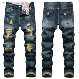 Men's Jeans Denim casual tear mens fashion long plus size 28-42 denim hole torn cotton deep blue dress WX