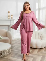 Women's Sleepwear Plus Size Lettuce Trim Women Pajama Set Solid Long Slve Top Full-Length Pants 2 Pieces Split Slpwear Nightwear Homwear Y240426