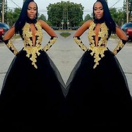 Nowa moda Sexy High Neck African Mermaid Sukienki Złote Koronkowe Aplikacje Formalne suknie wieczorowe Tiul Gown Vestido de Festa 0430