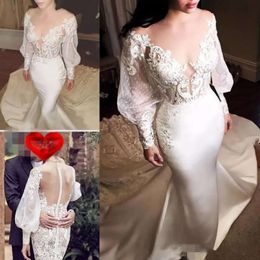 Long Lace Mermaid Poet Dresses 2020 Sleeves Applique Satin Chapel Train Sexy Illusion Covered Buttons Back Wedding Gown Custom Made