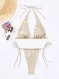 Women's Swimwear Shiny Purl Bikini Set 2024 Women Sexy Gold Push Up Micro Swimsuit Summer Bathing Suit Tie Side G-String Thong Swimwear Biquini Y240429