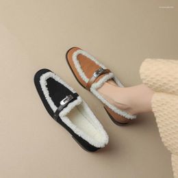 Casual Shoes Plus Size 40 41 Autumn Winter 2024 Sheep Suede Warm Fur Plush Flats Loafers Women's Square Toe Slip On Footwear