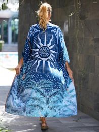 Boho Oversize Loose Kimono Bikini Gown Dresses Summer Cotton Rayon Floral Printed Beach Wear Cover Up For Women Robe