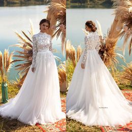 New Arrival A Line Dresses Jewel Neck Long Sleeves Lace Appliques Bridal Gowns Button Back Sweep Train Wedding Dress Custom 0430