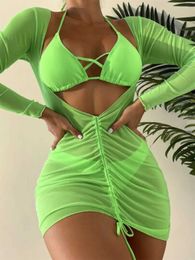 Women's Swimwear Long Slves Dress Bikini Set 2024 Women Neon Grn Lace Up 3 Pieces Swimsuit Brazilian Bathing Suit Pleate Cover Up Swimwear Y240429