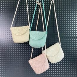 Summer Children Girls Shoulder Bag Creative Pure Colour Clamshe Straw Messenger Kids Coin Purse Cute Princess Mini Handbag 240425