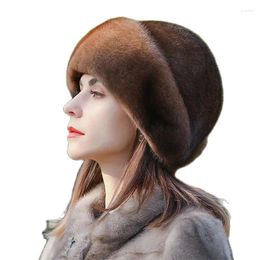 Berets Ladies Fur Hat 2024 Winter Fluffy Mink Russian Cap Women's Headband Outdoor Earmuff Ski Keep Warm