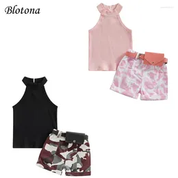 Clothing Sets Blotona Kids Girls Summer Outfits Solid Color Ribbed Knit Halter Tank Tops Camouflage Shorts Belt Bag 3Pcs Clothes Set