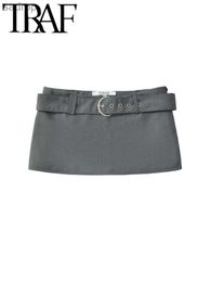 Spódnice Traf gal 2024 Summer Grey Belt Womens Sexy Shorts Ski Zipper Niski wzrost Ultra cienkie ekstremalne spodenki