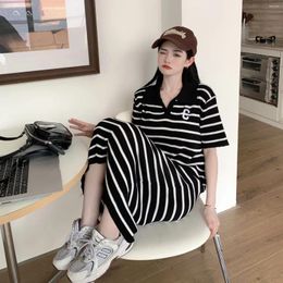 Party Dresses Summer Knitted Ice Silk Dress Striped Slimming Short-sleeved Polo Neck Straight Belly Cover