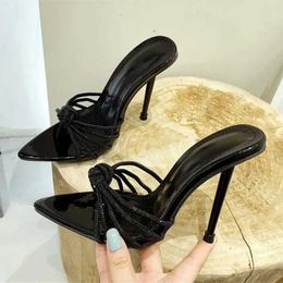 Dress Shoes Sexy CRYSTAL Narrow Band Slipper Women Summer Fashion Pointed Toe Thin Heels Slides Sandals Rhinestone Slim Heel Muller H240430