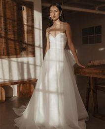 Elegant Long Organza Wedding Dresses with Pearls A-Line Ivory Spaghetti Straps Sweep Train Zipper Back Simple Bridal Gowns with Bow for Women