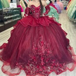 Sweetheart Bury Quinceanera Dress Long Sleeved 2024 Party Gown Princess Lace Appliques Beads Off The Shoulder For 16 Years 0431