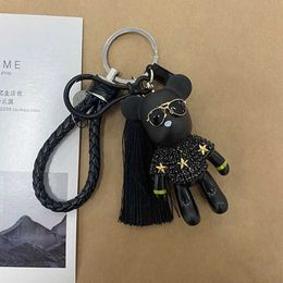 Keychains Lanyards Leather woven rope Bomgom Popobe glossy keychain tassel keychain bracket bag charm black pendant rhinestone eyeglass bear Q240429