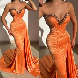 Mermaid Evening Beads Prom Sweetheart Orange Dresses Dress Sweep Train Pleats Formal Long Special Ocn Party Dress