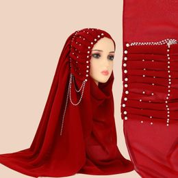 Ethnic Clothing Women's Headscarf Solid Colour Pearl Chiffon Tassel Long Scarf Pleated Middle Eastern Abaya Ramadan Abayas For Women