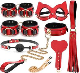 Black Wolf Red Upscale Genuine Leather Restraint Cosplay Bondage Set SM Handcuff Gag whip Nipple Clamps Adult Games8678467