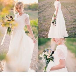 Sukienki ślubne suknie ślubne ślubne wykonane niestandardowe plus szyfonowe koronkowe koronkowe krótkie rękawy zapiekane v szyja po pociąg Ruched plis ves de novia 403 es es es
