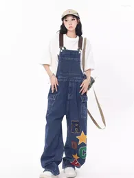 Women's Jeans QWEEK American Retro Denim Overalls Women Y2K Vintage 90s Baggy Cargo Oversized Harajuku Hip Hop Print Blue Jumpsuits