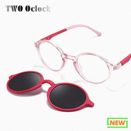 Óculos de sol para crianças de ímã 2 clipes polarizados de sol polarizados em óculos sem grau de óculos transparentes quadros ópticos redondo espetáculos 240417