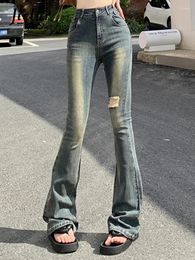 Women's Jeans Vintage Slight Stretch Slim Women's Hole Full Length Cotton Denim Female Flare Pants Casual Streetwear Office Lady