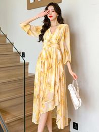 Casual Dresses Yellow Long Evening Prom Summer Women Party Midi Dress Chiffon Elegant Floral Bodycon Fashion 2024 Korean V Neck