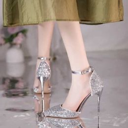 Dress Shoes female summer new rhinestone pointed silver high heels temperament socialite stiletto heel sandals H240430