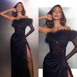 Shoulder Off Black Feathers Evening Sexy Dresses Beads Party Prom Split Formal Long Red Carpet Dress For Special Ocn