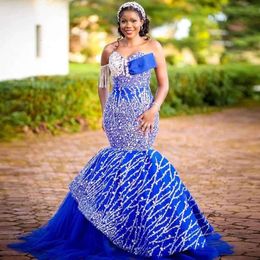 Aso Ebi African Women Royal Blue Prom Dress With Sweetheart Tassels Sequins Lace Appliques Plus Size Tiered Sweep Train Evening Gowns Vestidos De Novia 0431