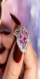 Handmade 925 Silver Ring finger Big pink Princesscut 10ct Simulated Diamond Pave 192pcs cz Wedding Ring for Women Jewelry1358953