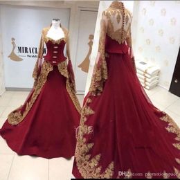 Bury Gold Applique A Line Vintage Sweetheart Long Sleeves Prom Gowns Elegant Formal Dresses Evening Wear 0430