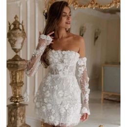 Scheide Hochzeit Kurzer Spitze Mini Kleider D Blumenapplikationen Romantische Brautkleid trägerloser Korsett Beach Boho Braut Kleid Frühling Sommer moderne Robe de Mariee Ress Ress e