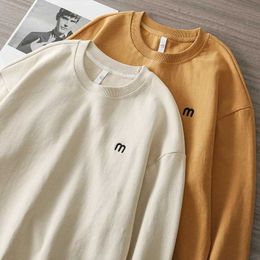 Men's T-Shirts Dukeen 340gsm Heavy duty Embroidered Sweatshirt Mens Plain Long sleeved T-shirt Round Neck Loose Trend Solid Color TopL2403